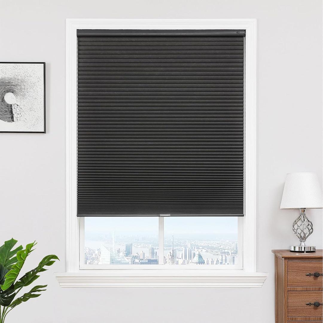 Joydeco No Tools No Drill Window Blinds for Indoor Windows, Blackout Shades Cellular Shades Cordless, No Drill Blinds for Windows, Window Shades for Home, Bedrooms, Doors (Black, 31" W x 64" H)