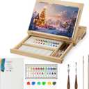 LUCYCAZ Tabletop Easel Set, Easel for Painting Canvases, Portable Wooden Art Easel Painting Kits for Adults Artist Kids, 12 Colors Acrylic Paints, 2 Brushes, Palette and Knives