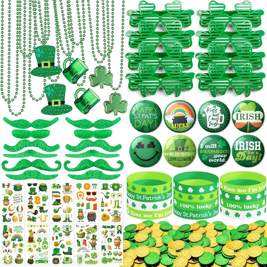 DMIGHT 188Pcs St. Patrick's Day Accessories Party Favor Set, Necklaces, Shamrock Glasses, Mustaches, Bracelets, Badges, Tattoo Stickers, Coins for Irish Party Supplies