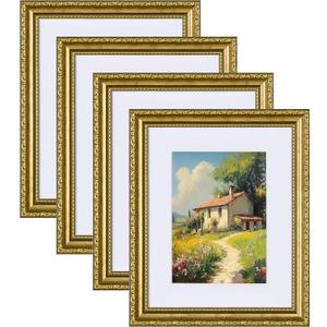 Eletecpro 8x10 Picture Frames Set of 4, Gold Frames 8 x 10 with Glass Cover, Vintage Photo Frame Displays 5x7 Photo with Mat or 8x10 without Mat for Tabletop or Wall Decor, Gold