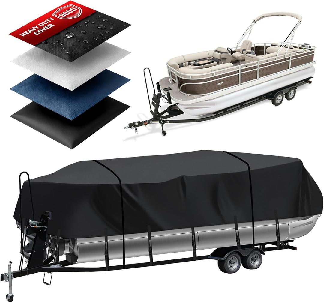 Heavy Duty 900D Pontoon Boat Cover, 22'1''-24'2'' Marine Grade Waterproof Cover with Adjustable Windproof Tightening Strap & Anti-UV for SunTracker Party Barge/SPORTFISH/Fishin Barge