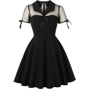 Women's Vintage Gothic Cocktail Dresses Cutout Keyhole Collar Illusion Mesh Sleeve Mini Dress A Line Knee Length Goth Dress (Black, S)