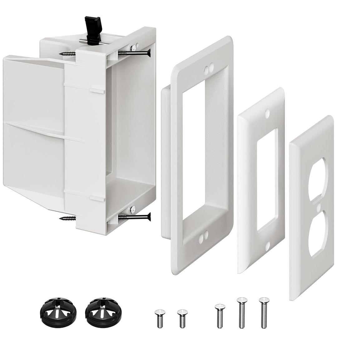 DVFR1W-1 Recessed Outlet Box, Recessed Electrical Box for Wall Mount TV, Outlet Mounting Box for New Construction&Retrofit Projects, Wall Outlet Box with Duplex & Decorator Style Covers,1-Gang