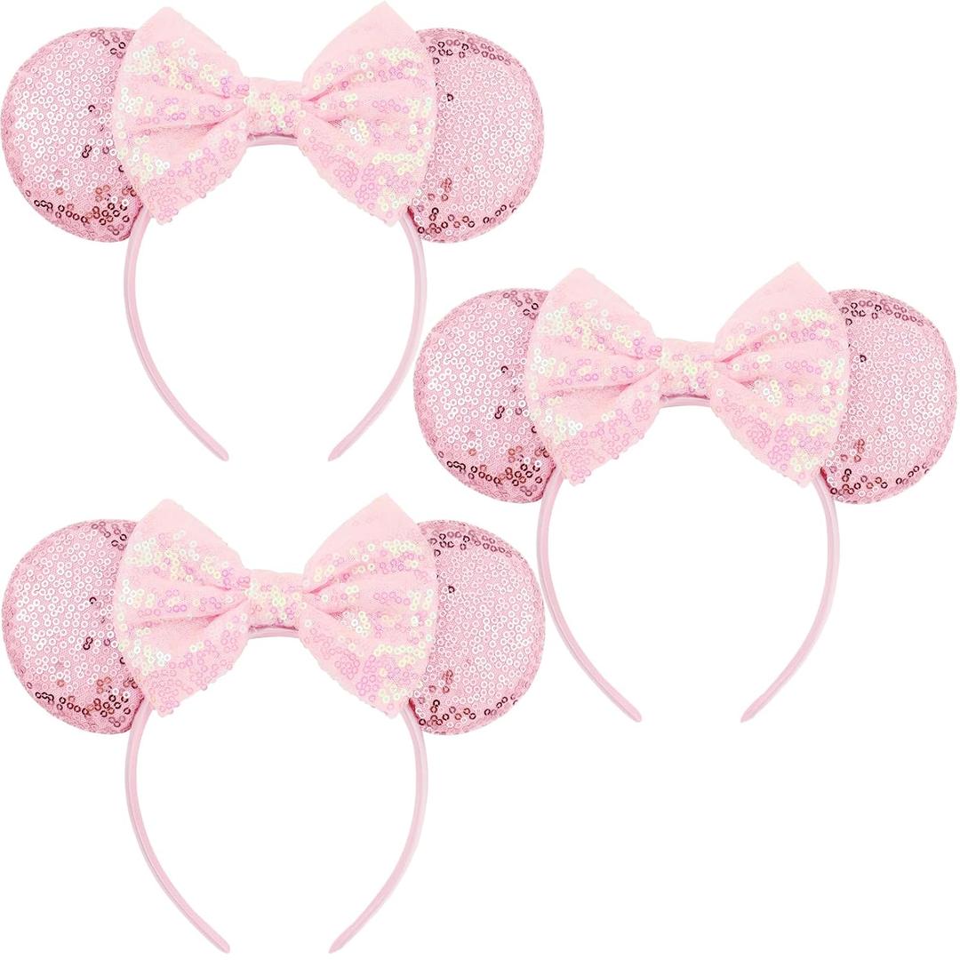 Ears Headbands for Princess, Pink Mouse Ears Headbands for Halloween Costume, Sequin Bows Headwear Hair Accessories for Women - Pink