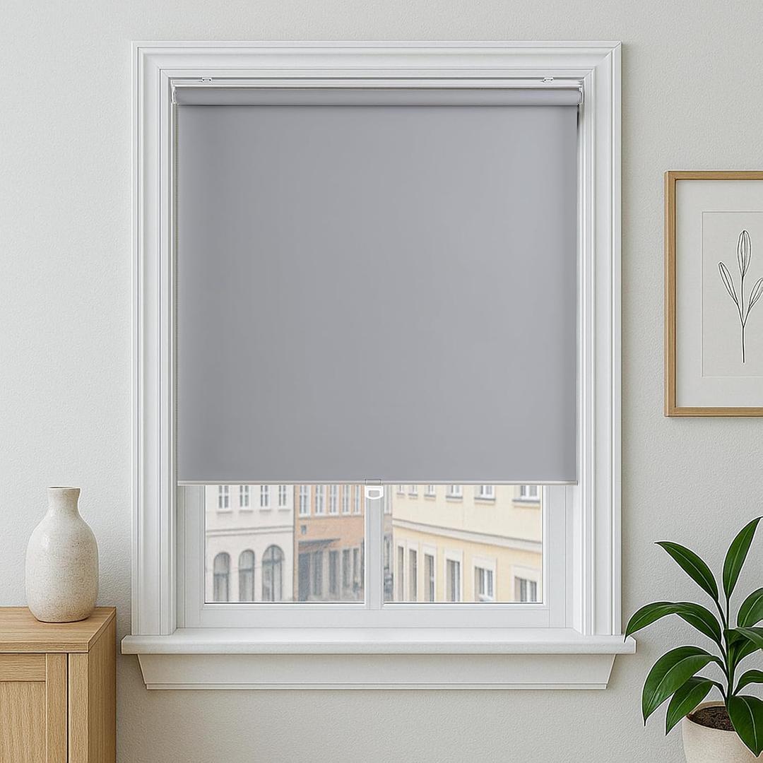 Cordless Roller Shades 100% Blackout Blinds for Windows and Doors, Pull Down Room Darkening Window Shades, Easy to Install for Home and Office, White, Fixed 72 Inches High, 40 Inches Width,Grey