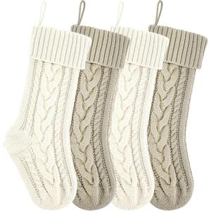 18 Inches Ivory and Khaki Knit Christmas Stockings Bulk Double Side Vintage Family Xmas Stockings for Fireplace and Home Decor,4 Pack