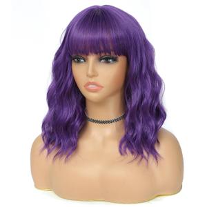 Dark Purple Wig with Bangs for Women,14 Inch Purple Wigs Short Wavy Wig Heat Resistant Synthetic Colorful Wig