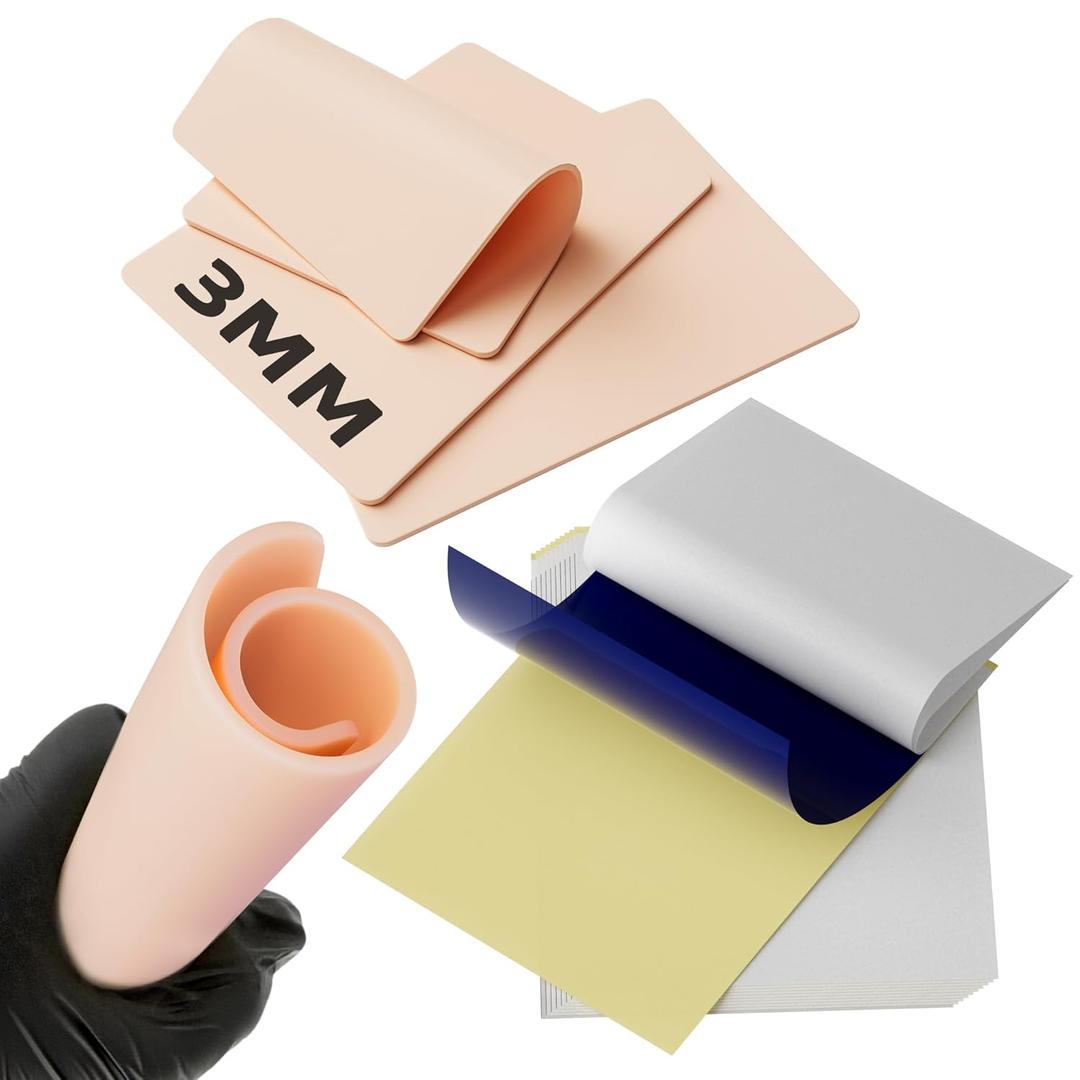 Blank Tattoo Practice Skin Kit - 13Pcs Set with 3 Double Sided 7.4x5.6 Fake Skins and 10 Stencil Transfer Papers for Tattooing, Microblading Practice - Ideal for Beginners and Pro Artists (pink)