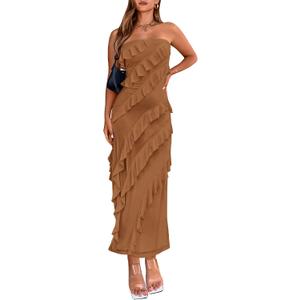 BTFBM Maxi Dresses for Women Solid Bodycon Summer Wedding Guest Dress | Lightweight Mesh,Ruffle,Tube Dresses,Sleeveless,Graduation,Cocktail,Prom,Party,Birthday,Baby Shower,Vacation Outfits (M)