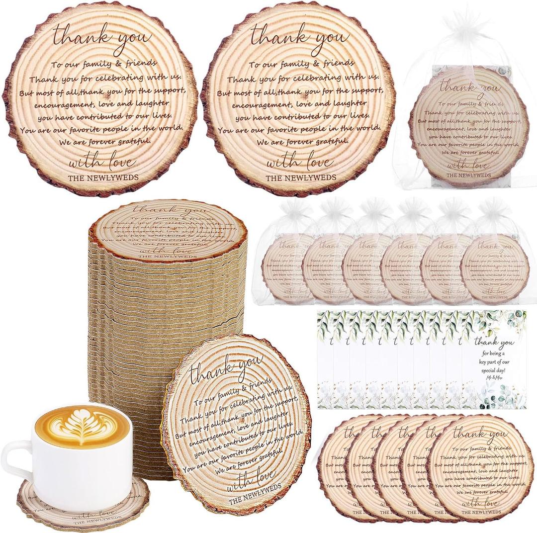 100 Sets Wedding Favors for Guests Cork Coasters Bulk Thank You Cards Organza Bags Wood Coaster Rustic Wedding Gift Bridal Shower Party Favors (Brown)