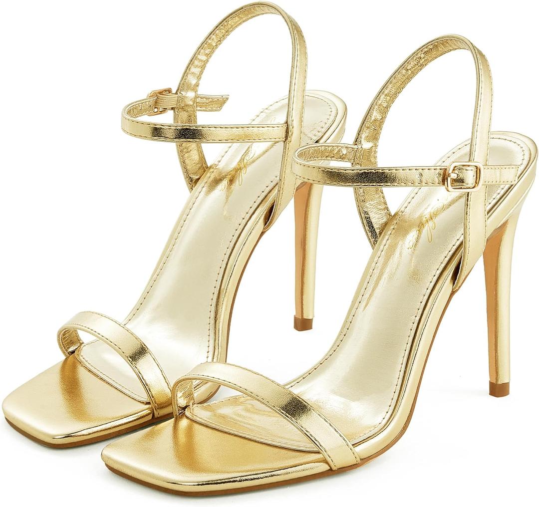 GENSHUO Women's Square Toe Strappy Stiletto Heels,4 Inch Open Toe Heel Sandals Ankle Strap Buckle Sexy High Heeled Prom Party Wedding Daily Wear Dress Shoes (8.5, Gold)
