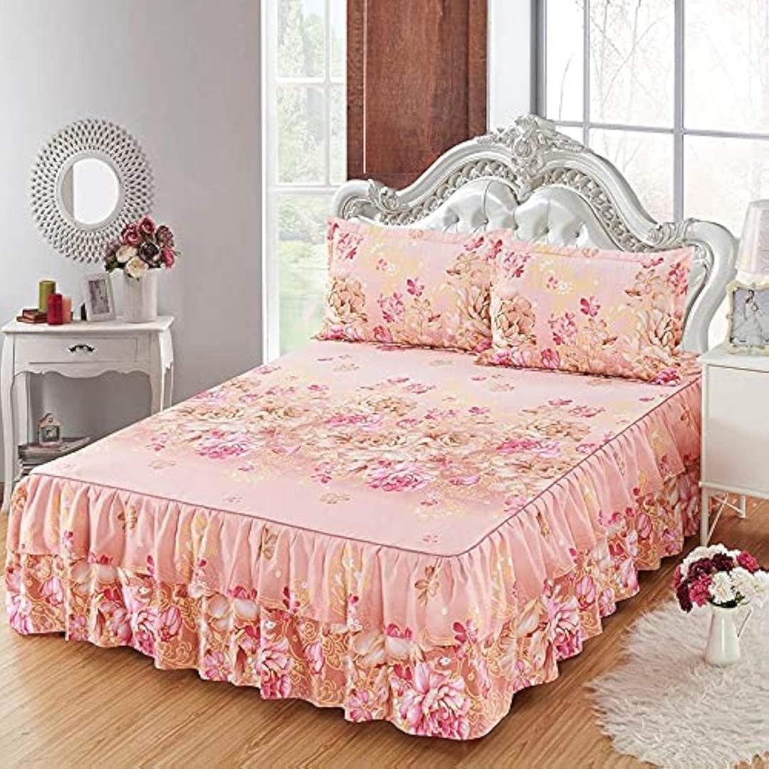 2 Layers Ruffled Bed Sheet Skirt Brushed Microfiber Bedspread with 2 Pillow Shams, Queen, Pink (Queen 70"x78")