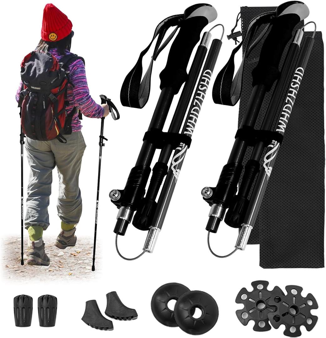 Collapsible Trekking Poles for Hiking - Lightweight Aluminum Walking Sticks with Adjustable Locks, Extendable to 51 Inches (Set of 2) (Black)