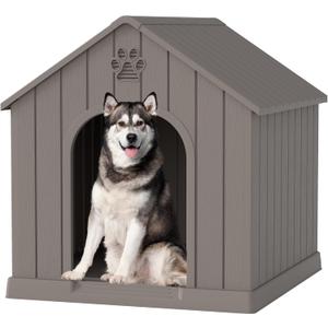 Large Dog House Outdoor Indoor, Durable Plastic Waterproof Doghouse with Air Vents and Elevated Floor, Easy Clean and Assemble for Medium Large Dogs (Classic Grey, 36.2''L38''W38''H)
