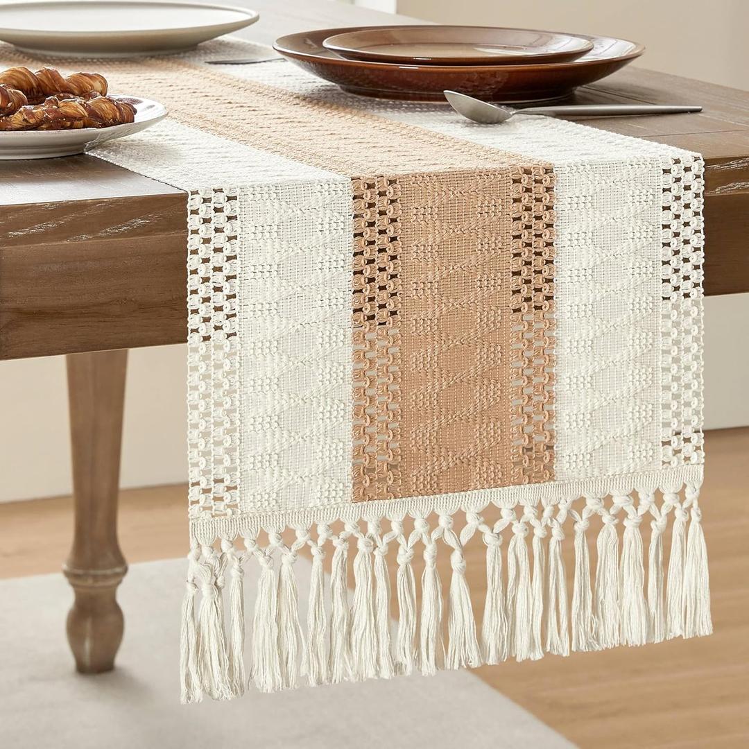 ZeeMart Macrame Style Bicolor Stitching Table Runner, 14 x 36 Inch Beige/Ivory, Boho Light Tan Table Runners 36 Inches Long, Farmhouse Woven Home Decor