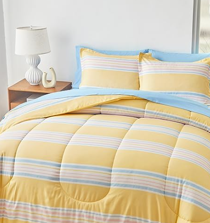 Flysheep Boho Striped Bed in a Bag 6 Pieces Twin Size, Ombre Blue and Pink Stripes on Yellow Comforter Sheet Set (1 Comforter, 1 Flat Sheet, 1 Fitted Sheet, 2 Pillow Shams, 1 Pillowcase)