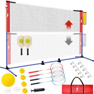 Pickleball Badminton Net Set for Backyards, All-in-One Portable Volleyball Combo Set with Adjustable Net, Volleyball Pickleball Paddles & Badminton Rackets for Indoor Outdoor