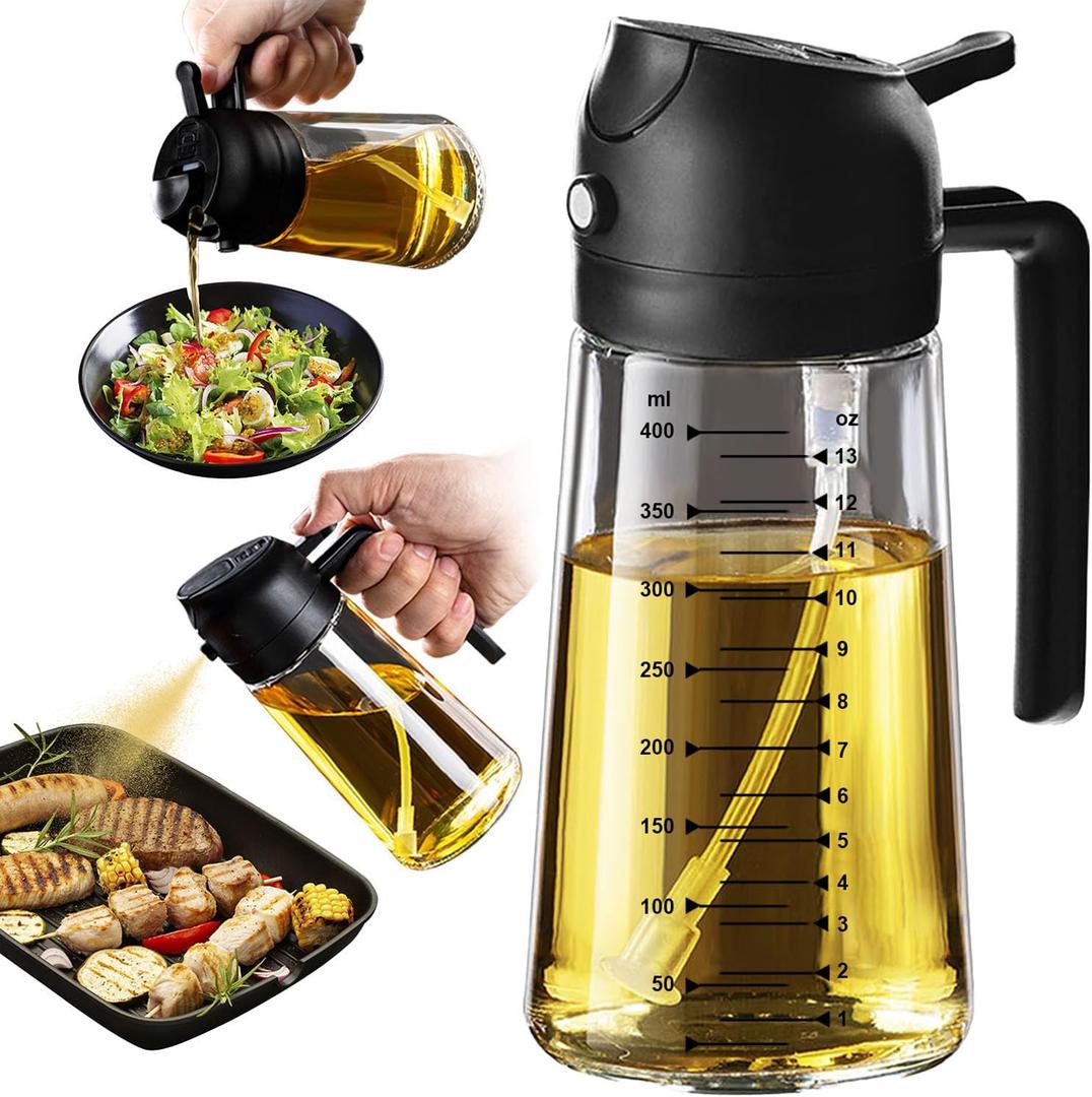 TrendPlain 16oz/470ml Glass Olive Oil Sprayer for Cooking 2 In 1 Olive Oil Dispenser Bottle for Kitchen Gadgets and Air Fryer Accessories, Salad, BBQ - Black