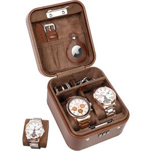 KAMIER Watch Travel Case with Combination Lock - 2 Watch Storage and Jewelry Organizer - Watch Case for Ring and Watch Storage, PU Leather Travel Watch Case, Ideal for Gift (With Gift Box) (Brown)