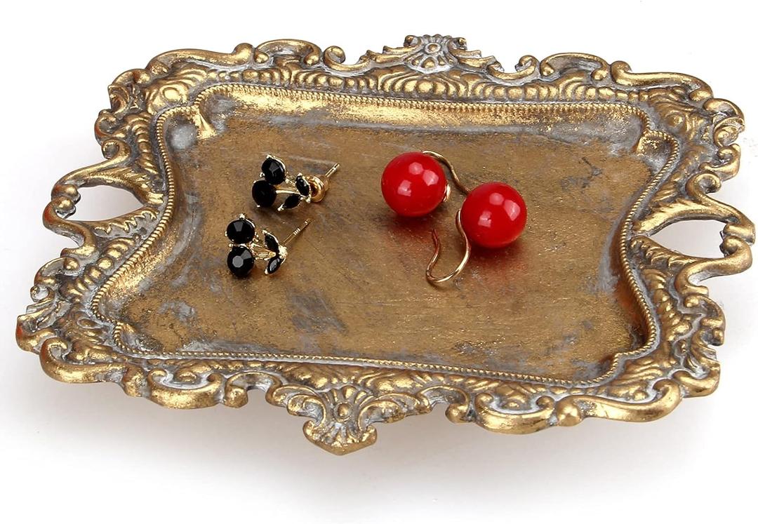 Vintage Decor for Home Bathroom Accessories Small Jewelry Tray Antique Ring Dish French Country Gold Trays Cute Brass Trinket Jewelry Plate Display Holder Baroque Moody Bedroom Wedding Decor Tray