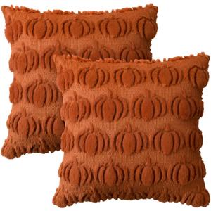 AVOIN colorlife Fall Pumpkin Caramel Throw Pillow Covers, 18 x 18 Inch Seasonal Autumn Thanksgiving Harvest Decoration Soft Plush Faux Fur Jacquard Cushion Case Decoration for Sofa Couch Set of 2