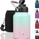 Half Gallon Jug with Handle,64 oz Insulated Water Bottle with Carrying Pouch,Double Wall Vacuum Stainless Steel Metal Bottle,Gum