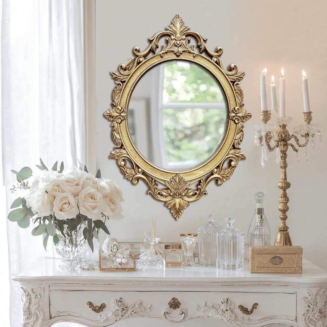Vintage Oval Wall Mirror, Baroque Carved Frame, 26.8 x 19 Inch