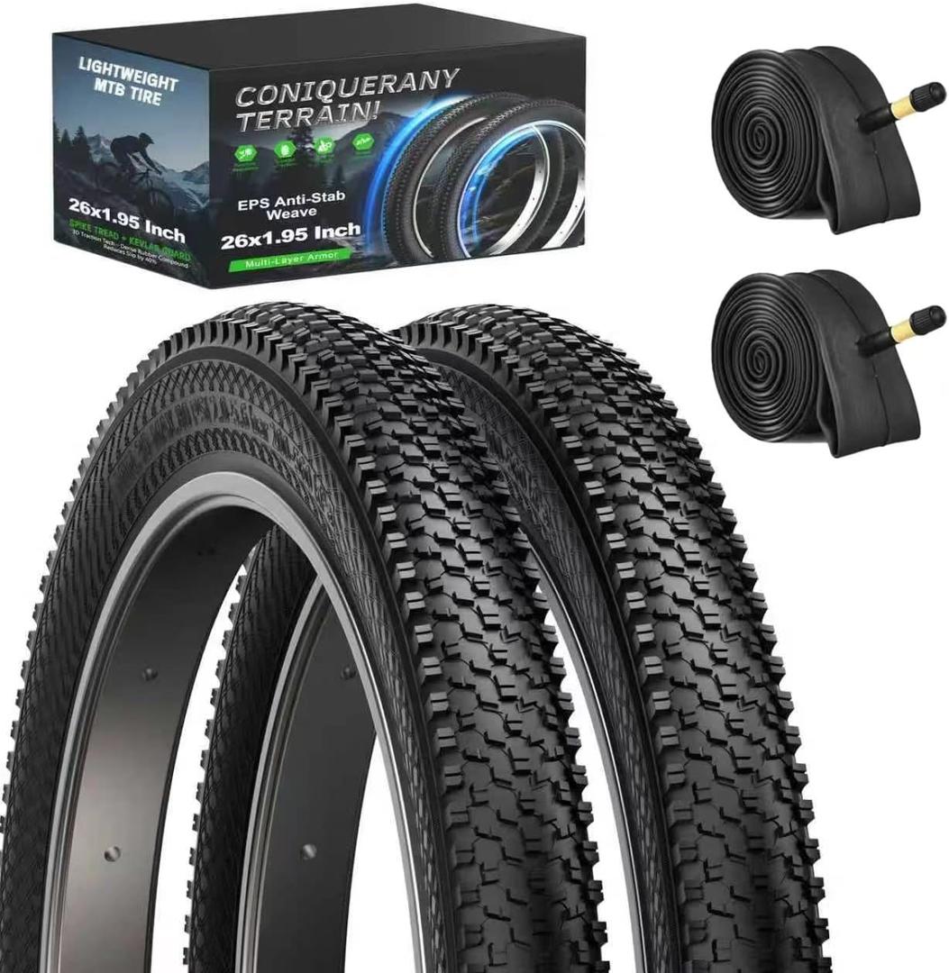 26 Inch Bike Tires Replacement 2-Pack 26x1.95 Bike Tire with Anti-Stab Weave, Folding Mountain Bicycle Tires and Tubes