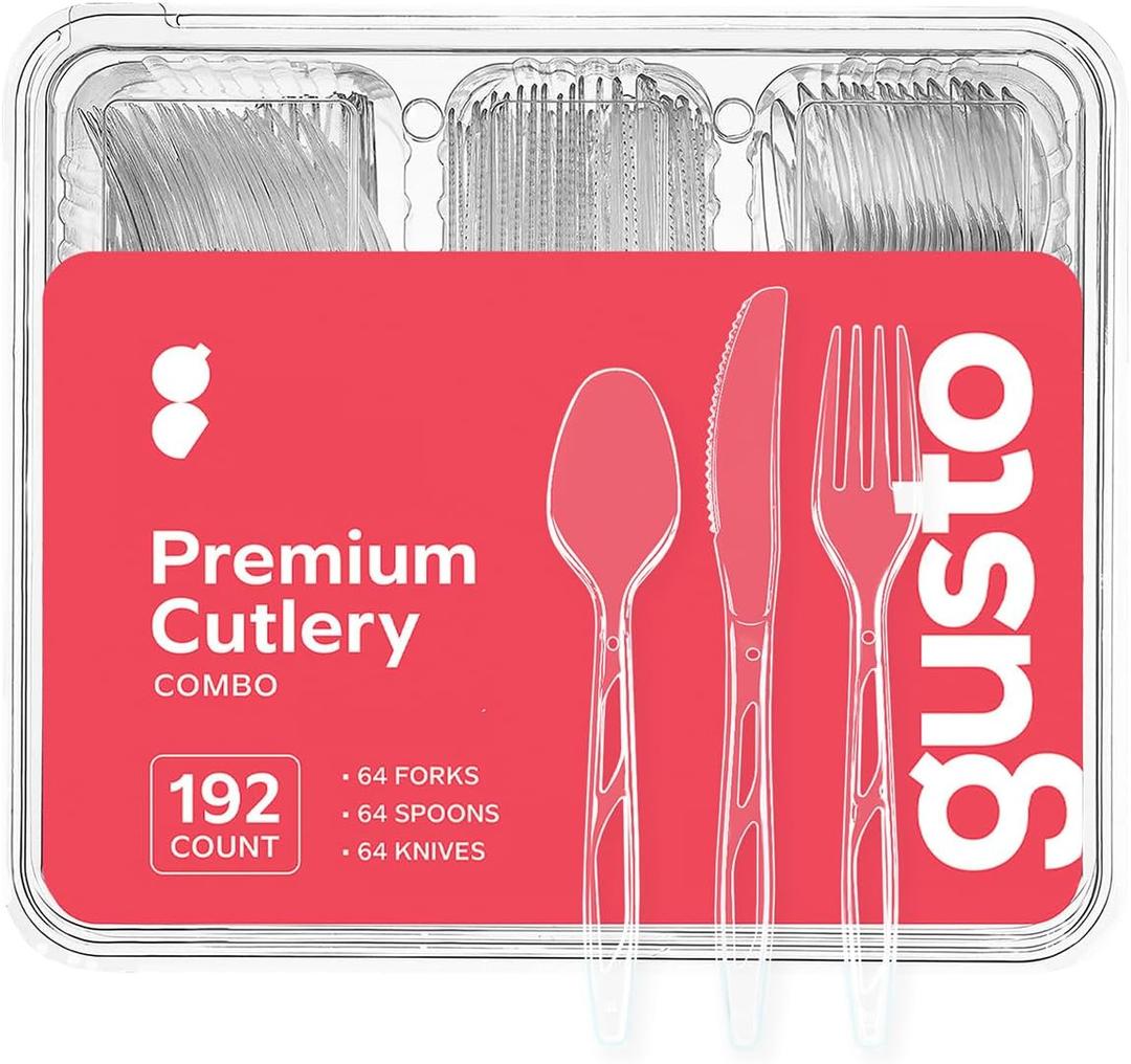 GUSTO [192 Combo Pack] Premium Heavyweight Disposable Clear Plastic Silverware - 64 Forks, 64 Spoons, 64 Knives, plastic utensils, Cutlery Set for Parties, Events, and Catering