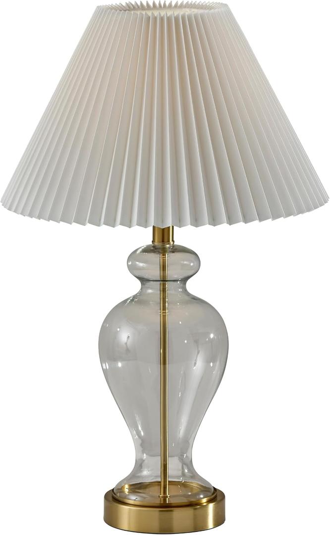 Adesso Table Lamp with Glass Base, Brass Accents, and Pleated White Fabric Lampshade  Bedside Table, Home Office Lighting, or Living Room Decor, 26 x 15
