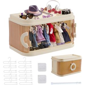 Foldable Doll Wardrobe Storage Box, Compatible with Labubu Clothes, Designed for 15/17cm Doll Clothing, Includes 12 Hangers, 1 Hanging Rod, Dust Cover, Coat hangerand Display Shelf.