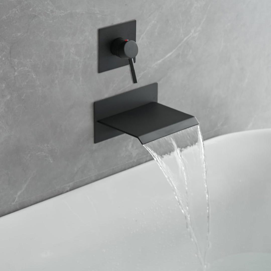 Black Wall Mount Bathtub Faucet Bathroom Tub Filler High Flow Single Handle Shower Faucets Waterfall Tub Spout Rough in Valve Bathroom Sink Faucet Matte Black