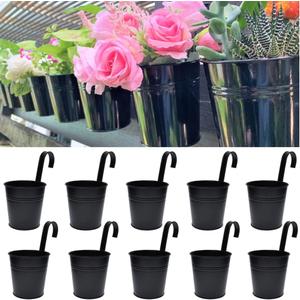 LaLaGreen Railing Planter Pack of 10, 6 Inch Hanging Flower Pot Black, Outdoor Large Metal Iron Fence Bucket, Balcony Garden Wall Deck Porch Patio Rail Decor Hanger Hook Farmhouse Balcony 6'''' (15cm)