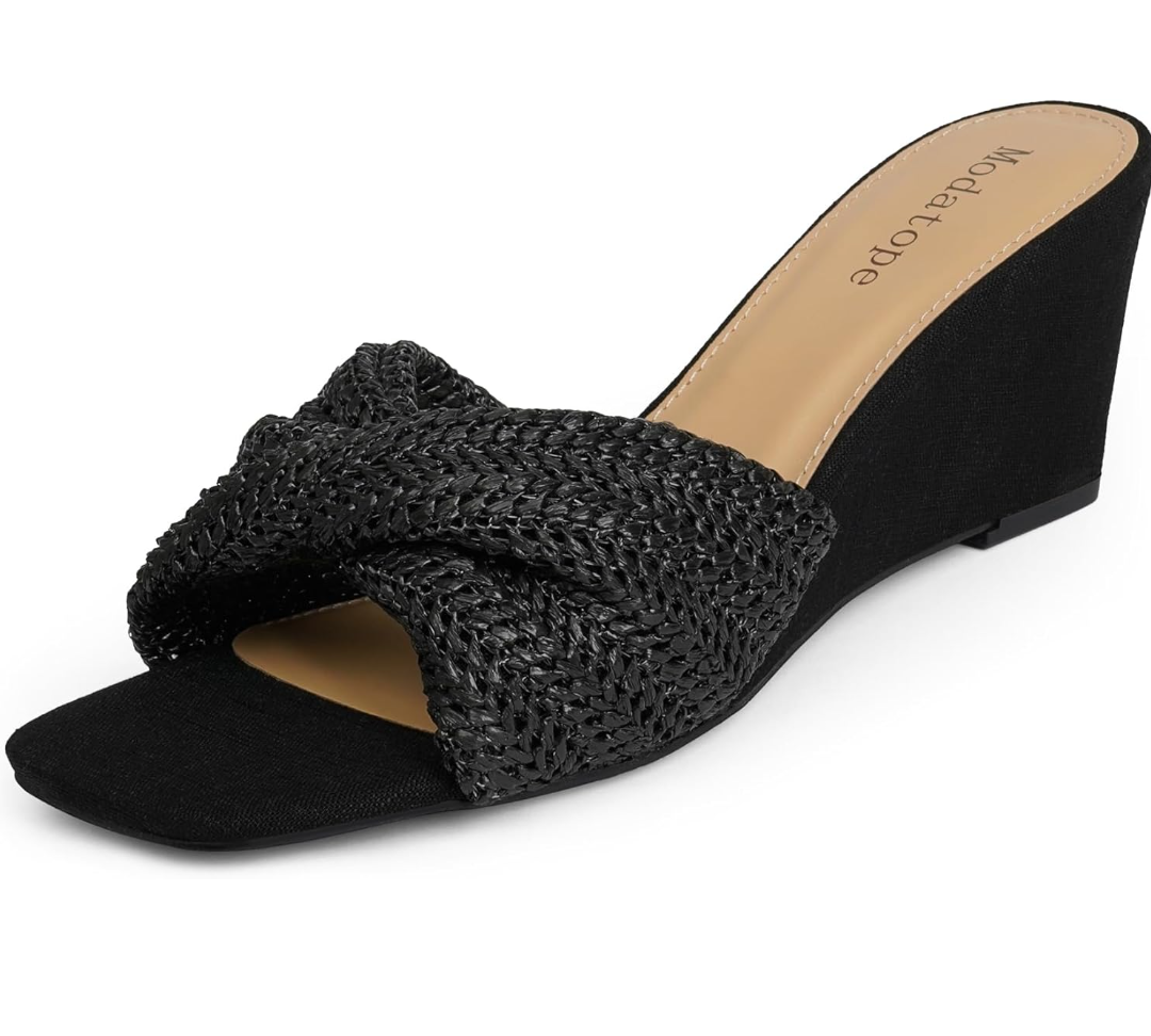 Modatope Wedge Sandals for Women Braided Wedge Heels Square Open Toe Raffia Dressy Womens Sandals, 11