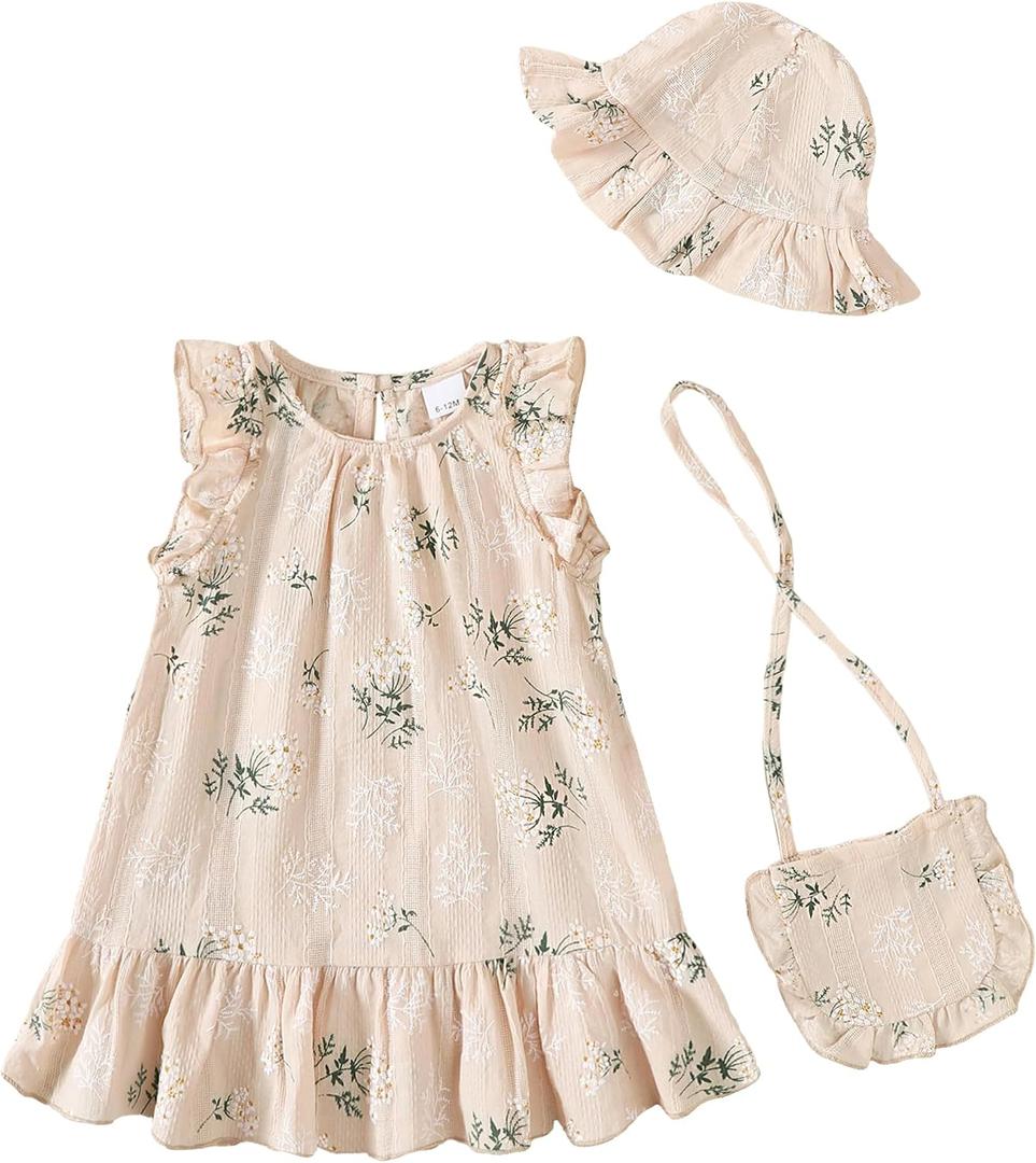 SODLON Baby Girl Dress Summer Clothes Infant Floral Boho Dresses Ruffle Linen Toddler Girls Casual Sundress with Hat and Bag (Beige)