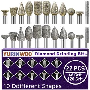 46-Grit &120-Grit Diamond Grinder Bit 1/8" Shank Compatible with Dremel Rotary Tool, 22Pcs Stone Carving Diamond Drill Bits for Carve Engrave Polish Wood Resin Porcelain Ceramic Quartz Metal
