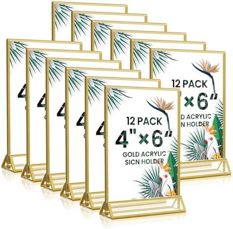 4x6 Gold Acrylic Sign Holder, 12 Pack Wedding Table Number Holder Stands with Vertical Gold Borders, Double Sided Picture Frame Paper Stand, Clear Photo Display Menu Holder for Party, Home, Restaurant. Missing Two(2) Sign Holders