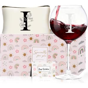 Monogrammed Wine Glasses with Makeup Bag Birthday Gift Set for women | Personalized letter design Unique Christmas Wedding White Elephant Gifts for Mom Dad Sister Teacher Wife Husband,I