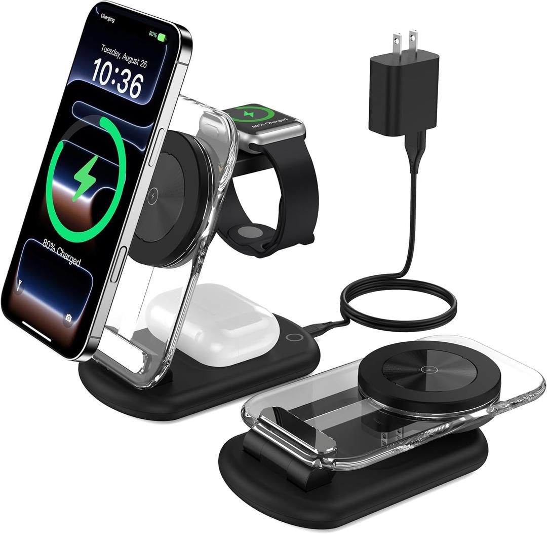 3 in 1 Magnetic Wireless Charging Station for Apple Devices, Fast Foldable Travel Mag-Safe Charger Stand with Night Light for iPhone 17 16 15 14 13 12 Series, Apple Watch/AirPods Pro (Upgraded Black)
