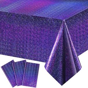 Irenare 3 Pack Iridescence Plastic Tablecloths Laser Table Covers Holographic Foil for Girl Party Wedding Disco Dance Birthday Holiday Mermaid Party Decorations 54 x 108 Inch (Purple)