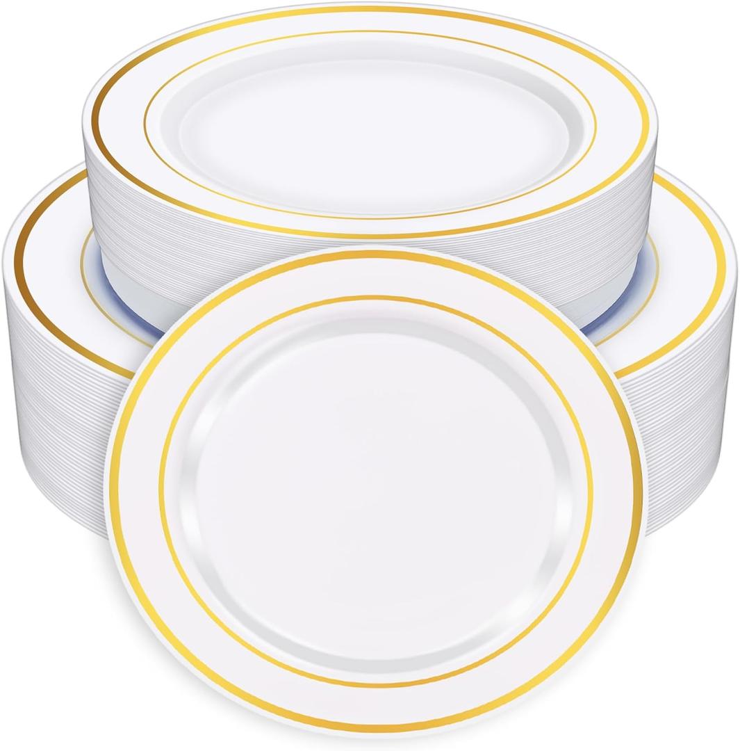 Zcaukya 100PCS Gold Plastic Plates, Disposable Plastic Dishes with Gold Rim in Bulk, 50 Pcs Each 10.25 Inch and 7.5 Inch for Dinner, Birthday and Wedding
