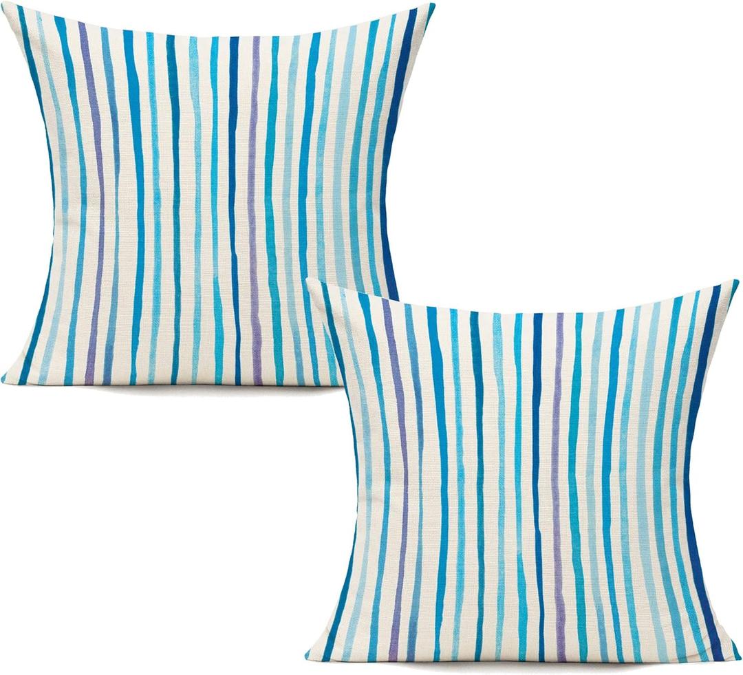 All Smiles Spring Outdoor Blue Throw Pillow Covers for Patio Bench Garden Porch Sunbrella Furnitures Sage Lines Stripes Cushion Cases Decorative 20x20 Set of 2 for Sofa Couch