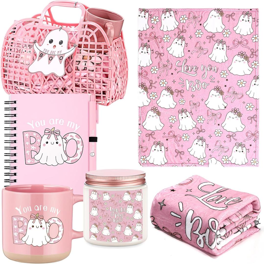 Roshtia 1 Set 7Pcs Christmas Breast Cancer Awareness Gift for Women Breast Cancer is Boo Pink Basket Ribbon Throw Blanket Coffee Mug Candle Jar Journal with Pen Card Pink Ribbon Survivor