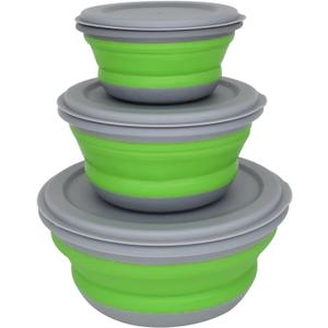 Collapsible Bowls, 3pcs Food Grade Silicone Camping Bowl Salad Bowl with lids, Portable Expandable Lunch Box Food Storage Container for Camping Travel and Picnic,Green