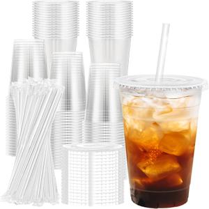 Lamosi 100 Pack 16 OZ Clear Plastic Cups with Lids and Straws, Disposable Iced Coffee Cups with Lids for To-Go Cold Drinks, Smoothies and Slushie