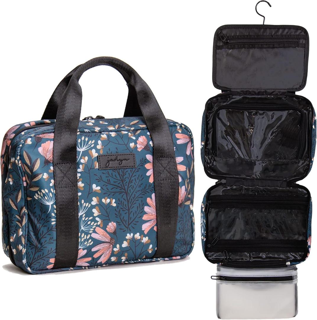 Jadyn Hanging Toiletry Bag, Expandable Toiletry Organizer for Women, Water Resistant Large Travel Cosmetic Bag for Full Size Makeup, Toiletries, Lotion, Shampoo, Accessories (Navy Floral)