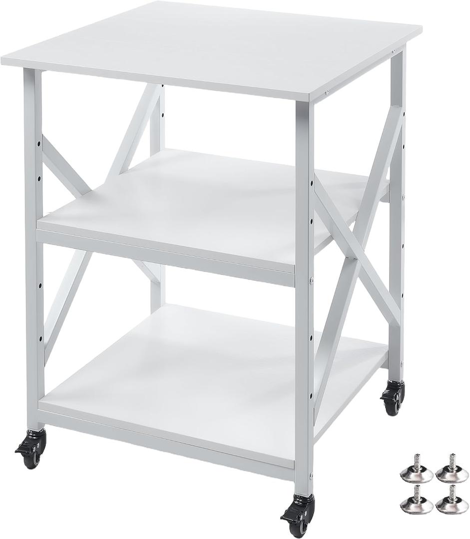 Fannova Large Printer Stand with Height Adjustable Storage Shelf, 23.6 x 23.6 Inches Square Printer Table with Industrial Wheels, Multi-use 3 Tier Rolling Printer Cart for Home Office - White
