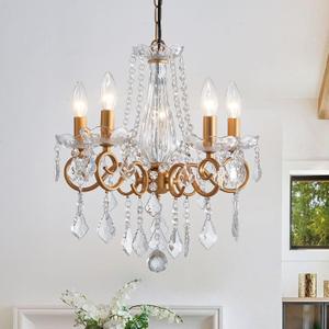 Crystal Chandelier, 5-Light Chandelier for Dining Room Light Fixture, K9 Crystal Pendant Ceiling Light Fixture, Modern Candle Chandelier for Living Room Kitchen Island Entryway Bedroom (Gold)