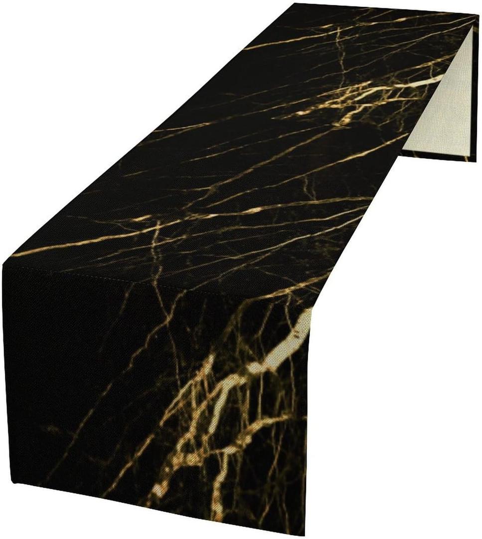 Marble Table Runner,Black Gold Abstract Geometry Pattern Texture Kitchen Dinning Table Decoration for Indoor Outdoor Home Party Decor 13x36 Inch
