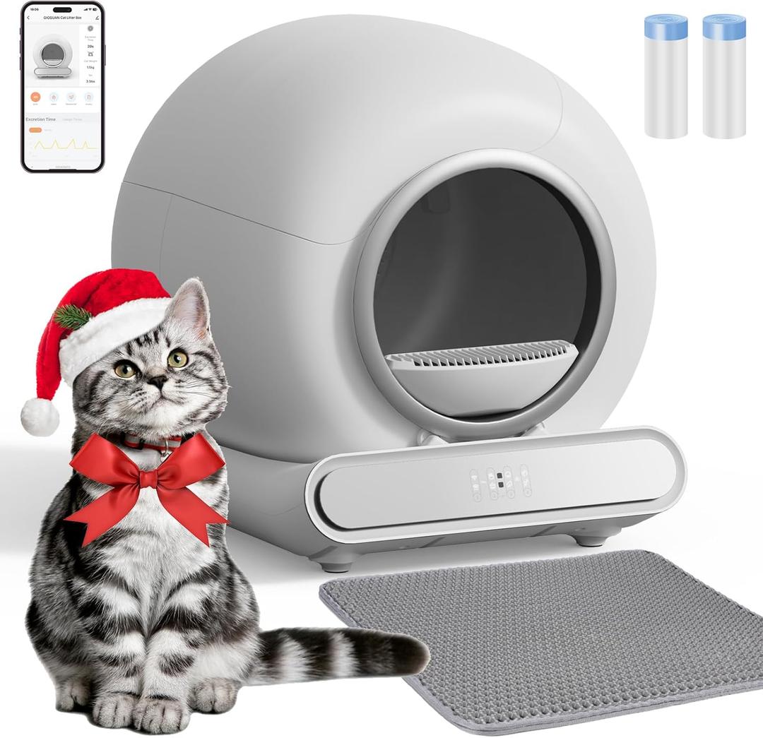 Self Cleaning Cat Litter Box, Smart Automatic Cat Litter Box with Safety Protection/65L+9L Large Capacity/APP Control/Anti-Pinch for Multiple Cats - Light Gray